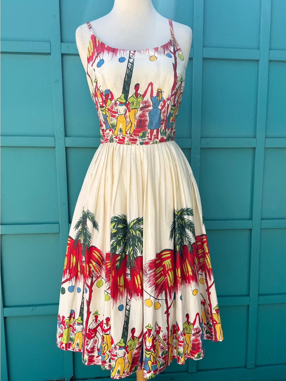 Flirty Retro Style polished cotton sundress with a cute calypso themed print !